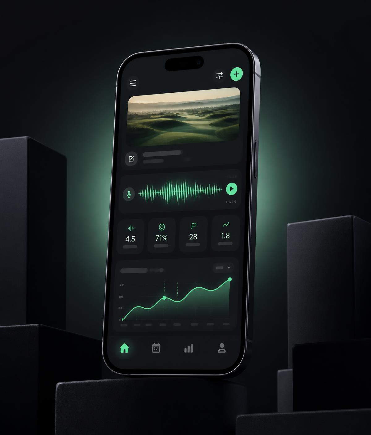 The Tee Mindset app showing a logged golf session with a voice note and progress insights